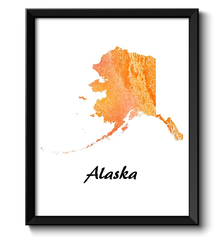 Orange Peach Alaska Map State Watercolor Painting Poster Print USA United States Modern Abstract Lan
