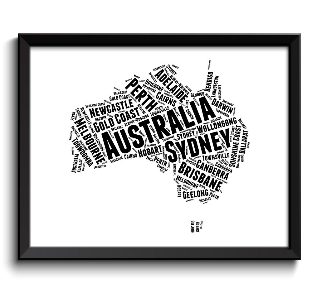 Australia Text Word Map Typography Poster Print Black White Country Modern Watercolor Landscape Art 