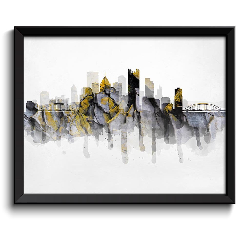 Pittsburgh Black Yellow Grey Gold Skyline Pennsylvania USA United States Cityscape Art Print Poster 