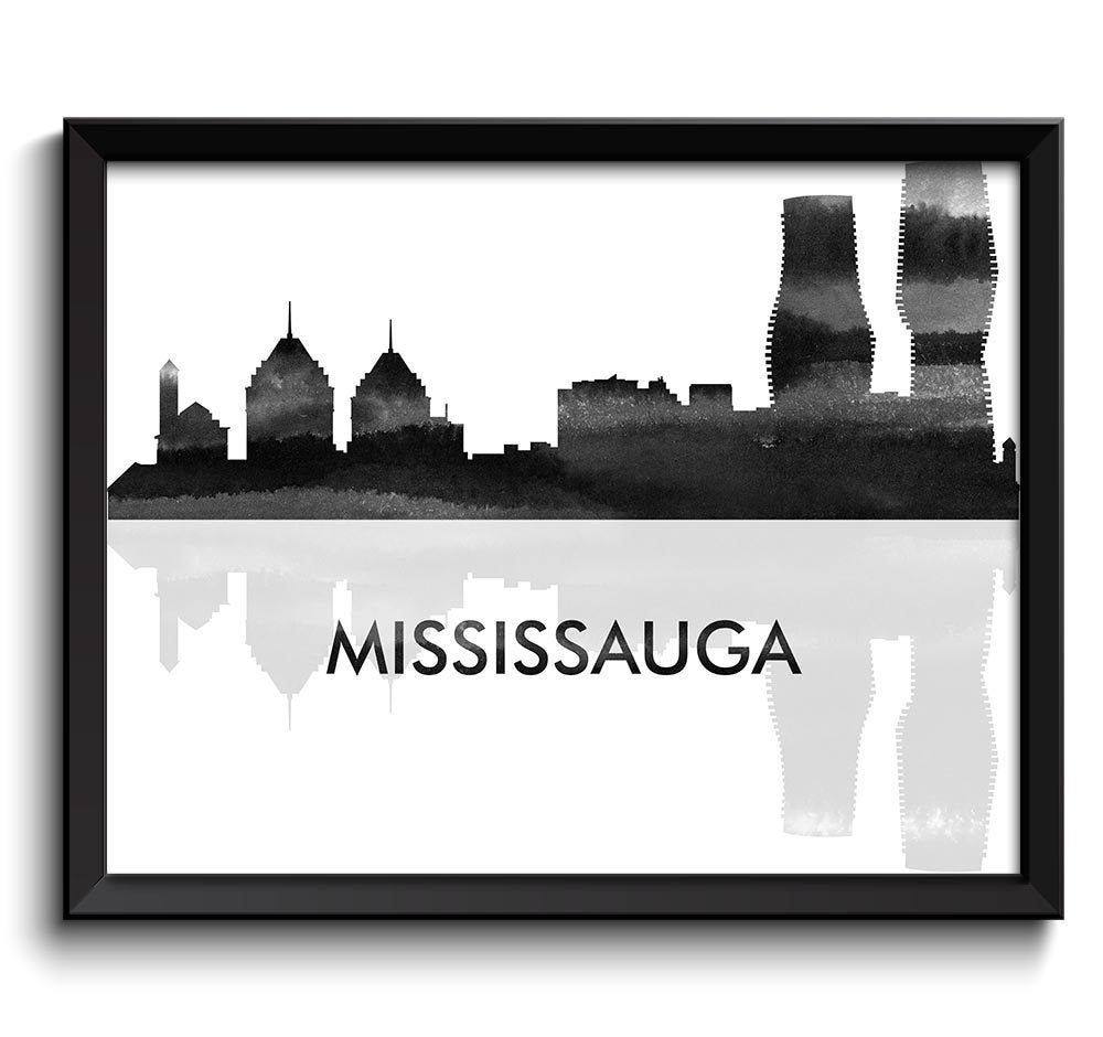 Mississauga Skyline City Black White Grey Watercolor Painting Cityscape Poster Print Ontario Canada