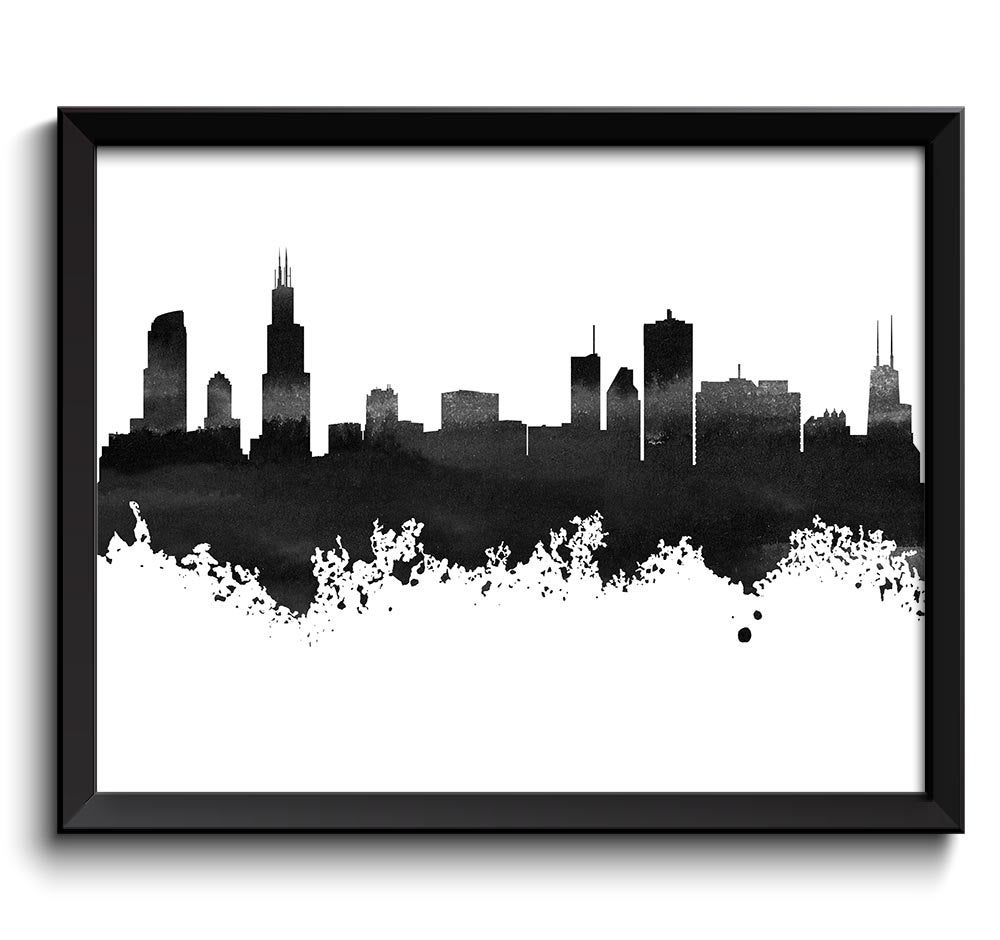 Chicago Skyline Black White Grey Watercolor Painting Chicago Illinois Cityscape Chicago Wall Art Pri