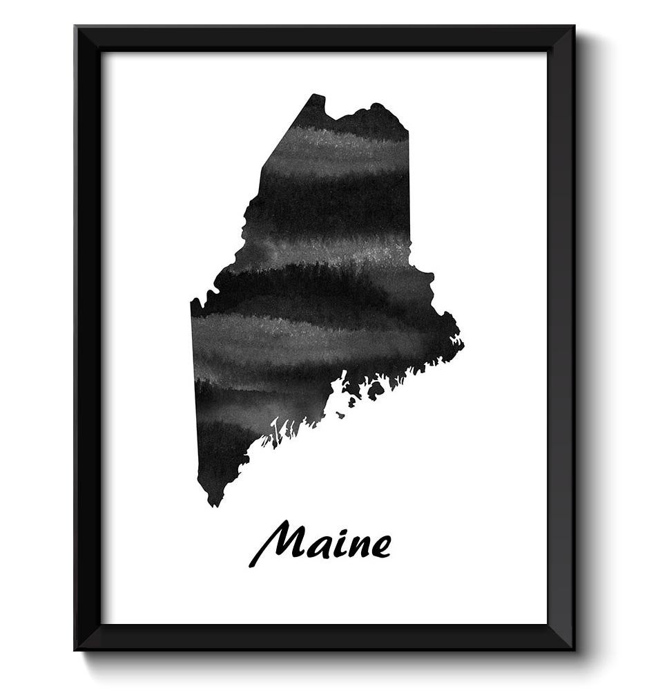 Maine Map State Watercolor Painting Poster Print USA United States Modern Abstract Landscape Art Bla