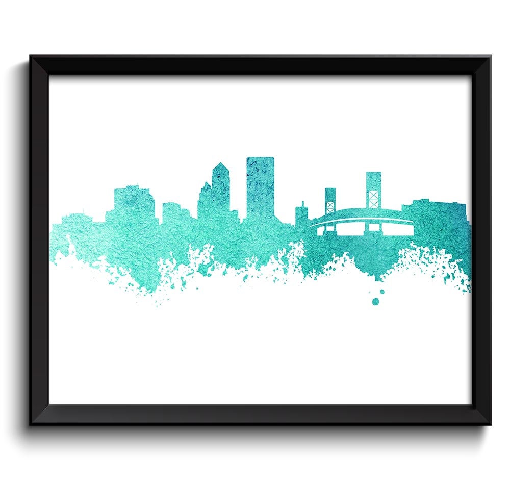 Jacksonville Skyline Teal Aqua Blue Watercolor Painting Jacksonville Florida Cityscape Jacksonville